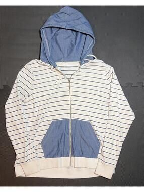 Eddie Bauer Women’s Grey/White,blue Striped Full Zip Sweater W/Pockets Size XL